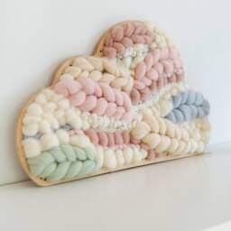 Rainbow Cloud Shaped Woven Wall Hanging, Pastel Nursery Decor, Handmade Wool Tapestry Fiber Art - thumbnail 2
