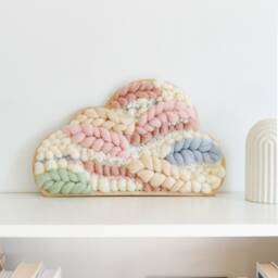 Rainbow Cloud Shaped Woven Wall Hanging, Pastel Nursery Decor, Handmade Wool Tapestry Fiber Art - thumbnail 3