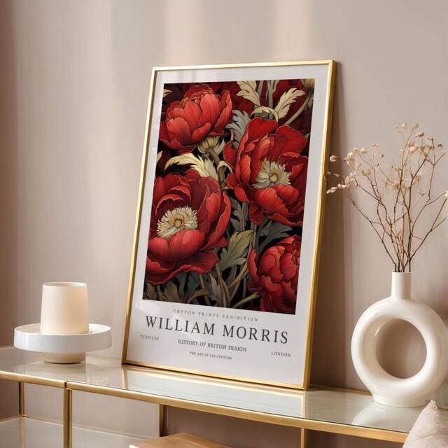 William Morris Print, Art, Exhibition Poster, Botanical Gifts, Peony Decor, Art Red Wall - image 1