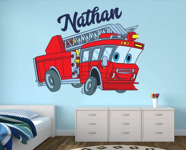 Personalized Name Wall Decal - Firetruck Art Kids Room Decor Fire Truck Fireman Firefighter Vinyl - image 1