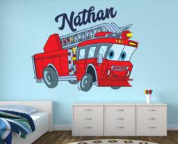 Personalized Name Wall Decal - Firetruck Art Kids Room Decor Fire Truck Fireman Firefighter Vinyl - thumbnail 1