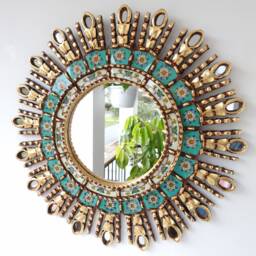 Peruvian Turquoise Eye Mirror 50 cm Handmade Wall Decor - Carved Wood Round Statement For Living Room Bathroom - thumbnail 1