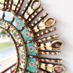 Peruvian Turquoise Eye Mirror 50 cm Handmade Wall Decor - Carved Wood Round Statement For Living Room Bathroom - thumbnail 3