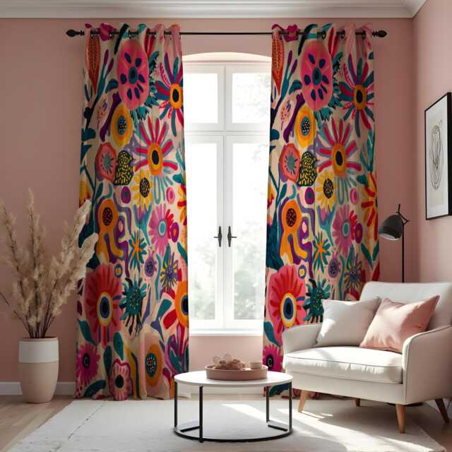 Vibrant Boho Floral Curtains, Colorful Folk Art Flower Pattern Bold Artistic Botanical Drapes - image 1