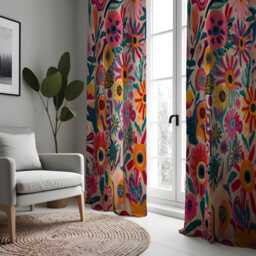 Vibrant Boho Floral Curtains, Colorful Folk Art Flower Pattern Bold Artistic Botanical Drapes - thumbnail 4