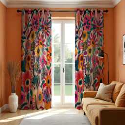 Vibrant Boho Floral Curtains, Colorful Folk Art Flower Pattern Bold Artistic Botanical Drapes - thumbnail 2