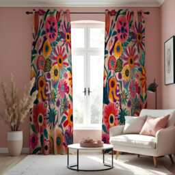 Vibrant Boho Floral Curtains, Colorful Folk Art Flower Pattern Bold Artistic Botanical Drapes - thumbnail 1