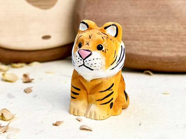 Custom Handmade Wooden Tiger Desktop Decor Ornament, Hand-Carved Cat Bengal Striped Figurine Statue Gift, Animal Figurines - image 1