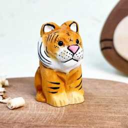 Custom Handmade Wooden Tiger Desktop Decor Ornament, Hand-Carved Cat Bengal Striped Figurine Statue Gift, Animal Figurines - thumbnail 3