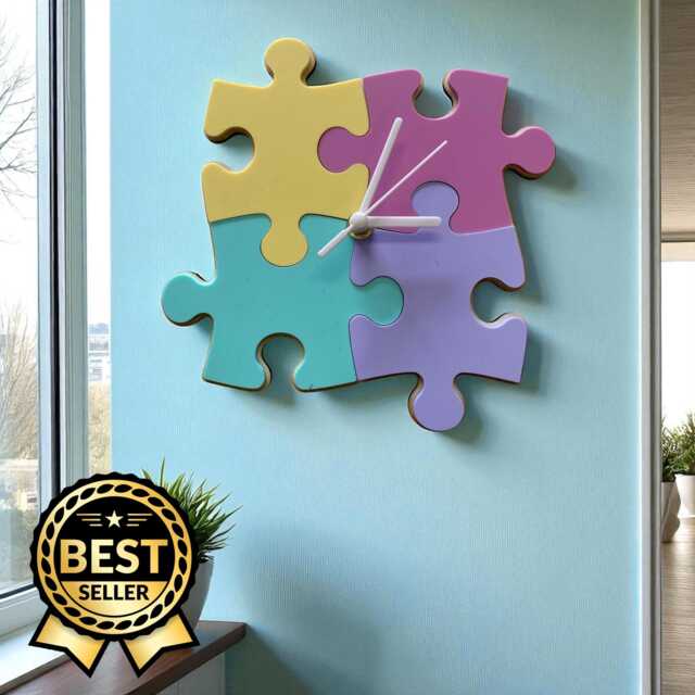 Jigsaw Shaped Wall Clock Silent Sweep, Bespoke Colors, Sizes - image 1