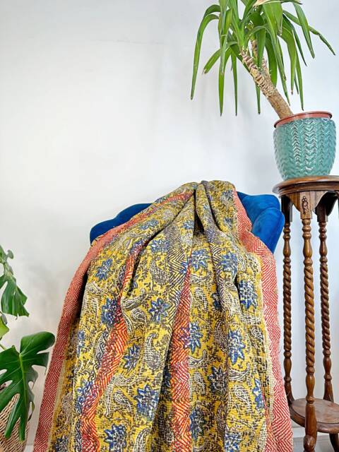 Vintage Handmade Fine Kantha Stitch Reversible Sofa Bed Throw - Country Home Elegant Bagru Block Print Artisan Rare Mustard Blue Paisley - image 1