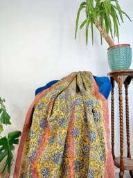 Vintage Handmade Fine Kantha Stitch Reversible Sofa Bed Throw - Country Home Elegant Bagru Block Print Artisan Rare Mustard Blue Paisley - thumbnail 1