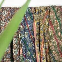 Vintage Handmade Fine Kantha Stitch Reversible Sofa Bed Throw - Country Home Elegant Bagru Block Print Artisan Rare Mustard Blue Paisley - thumbnail 3