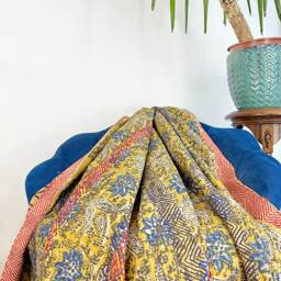 Vintage Handmade Fine Kantha Stitch Reversible Sofa Bed Throw - Country Home Elegant Bagru Block Print Artisan Rare Mustard Blue Paisley - thumbnail 2