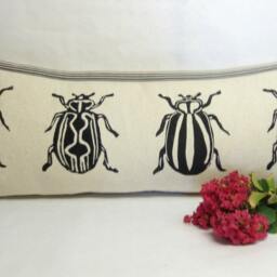 Insect Print Kidney Pillow Hand Block Printed Decorative Pillow - thumbnail 2