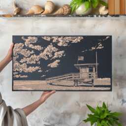 Lifeguard Stand Wall Art - California Lifestyle, Engraved Wooden Lithograph Illustration, Beach Home Art, Coastal Life Landscape Print - thumbnail 1