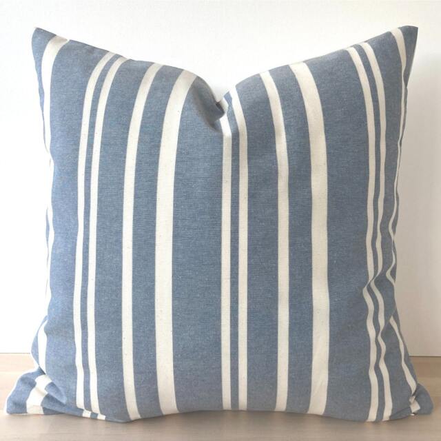 "Blue & Neutral Striped Natural Linen Pillow Cover, Modern Coastal Throw & Warm Pillowcase 18""x18" - image 1