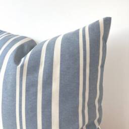 "Blue & Neutral Striped Natural Linen Pillow Cover, Modern Coastal Throw & Warm Pillowcase 18""x18" - thumbnail 2