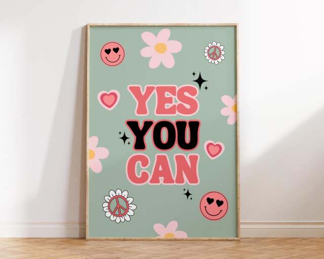 Girls Yes You Can Quote Print - Positive Quotes Retro Checkerboard Bedroom Playroom Nursery Affirmations Cute Girly Decor Flowers - image 1