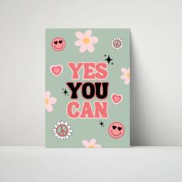Girls Yes You Can Quote Print - Positive Quotes Retro Checkerboard Bedroom Playroom Nursery Affirmations Cute Girly Decor Flowers - thumbnail 2