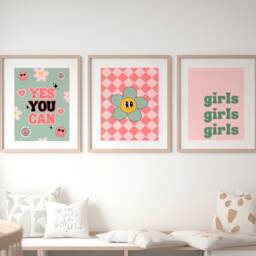 Girls Yes You Can Quote Print - Positive Quotes Retro Checkerboard Bedroom Playroom Nursery Affirmations Cute Girly Decor Flowers - thumbnail 3