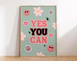 Girls Yes You Can Quote Print - Positive Quotes Retro Checkerboard Bedroom Playroom Nursery Affirmations Cute Girly Decor Flowers - thumbnail 1