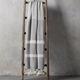 Moroccan Gray & White Pom Throw Blanket With Tassel - Duvet Cover Made Of Hand Woven Cotton Sofa Couch Bed End - thumbnail 2