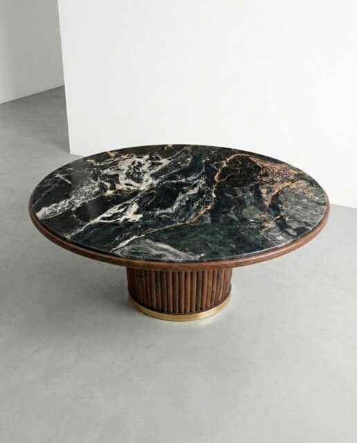Nero Picasso Marble Round Dining Table - Walnut Wood Base Custom Stone - image 1