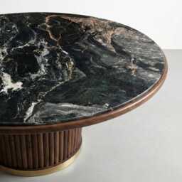 Nero Picasso Marble Round Dining Table - Walnut Wood Base Custom Stone - thumbnail 2