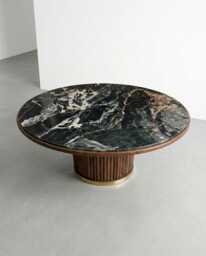 Nero Picasso Marble Round Dining Table - Walnut Wood Base Custom Stone