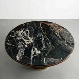 Nero Picasso Marble Round Dining Table - Walnut Wood Base Custom Stone - thumbnail 3