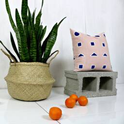 Pink Linen Pillow Cover With Electric Blue Shapes // Block Printed Decorative Throw Cushion Rose Coral Navy Minimalist Euro Lumbar Custom