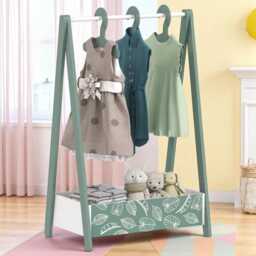 Montessori Kids Wardrobe Pine Wood Clothes Rack With Shelf