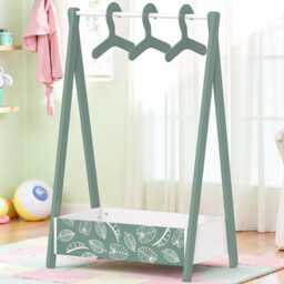 Montessori Kids Wardrobe Pine Wood Clothes Rack With Shelf - thumbnail 3