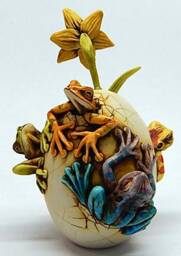 Artist Neil Eyre Eyredesigns 4 Tree Frogs Cracked Easter Egg Spring Daffodil Flower Sculpture Le50 - thumbnail 4