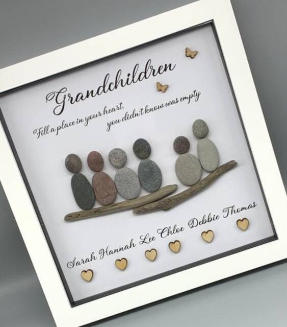 Grandchildren Pebble Picture, Personalised People Framed Christmas Gift For Dad, Wall Art, Home Decor - image 1