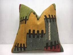 Vintage Kilim Pillow Cover, Handwoven Turkish Throw - 16x16 - thumbnail 1