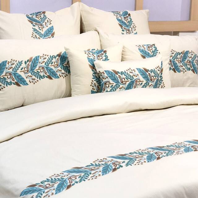 King, Queen & Twin Size Ivory Decorative Duvet Cover Set, Cotton Embroidery, Abstract Contemporary - Fern Embroidery - image 1