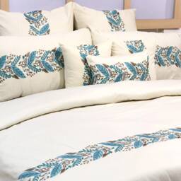 King, Queen & Twin Size Ivory Decorative Duvet Cover Set, Cotton Embroidery, Abstract Contemporary - Fern Embroidery - thumbnail 1
