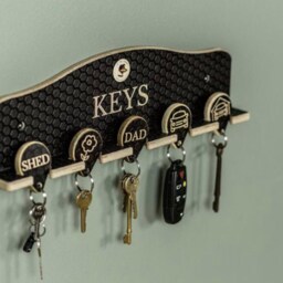 Dark Brown Wooden Engraved Wall Mounted Keyholder Rack, Hanging Personalised Grey Key Ring Hooks With 17 Designs Or Custom Initials - thumbnail 4