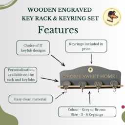 Dark Brown Wooden Engraved Wall Mounted Keyholder Rack, Hanging Personalised Grey Key Ring Hooks With 17 Designs Or Custom Initials - thumbnail 3