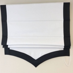 Custom Flat Roman Shade, White Linen With Black Border, Scalloped Bottom - thumbnail 2