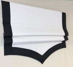 Custom Flat Roman Shade, White Linen With Black Border, Scalloped Bottom - thumbnail 1