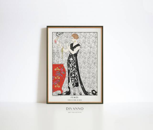 Vintage French Fashion Poster, Parisian Dress Print, Art Deco Wall Art, Woman Beauty Canvas, Mid Century Elegant Bedroom Gift - image 1