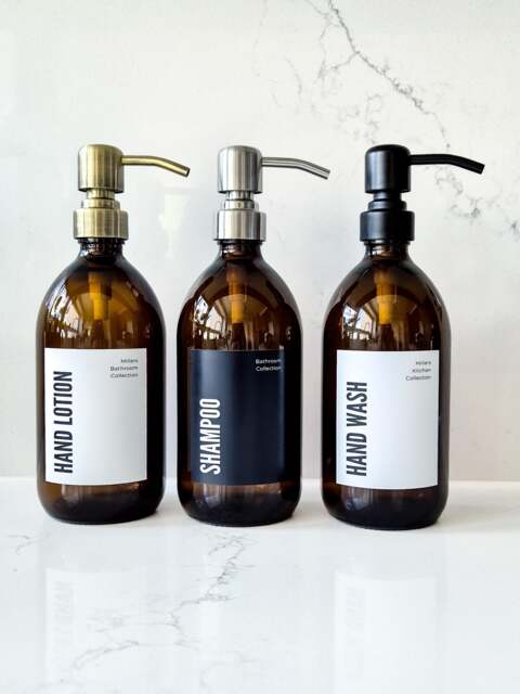 Personalised Amber Glass/Plastic Soap Dispenser Custom Text Label, Metal Pump - image 1