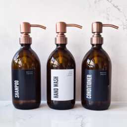 Personalised Amber Glass/Plastic Soap Dispenser Custom Text Label, Metal Pump - thumbnail 4