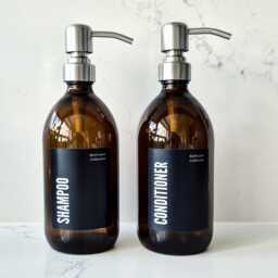 Personalised Amber Glass/Plastic Soap Dispenser Custom Text Label, Metal Pump - thumbnail 3