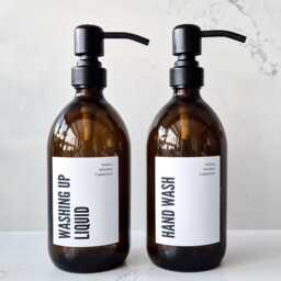 Personalised Amber Glass/Plastic Soap Dispenser Custom Text Label, Metal Pump - thumbnail 2