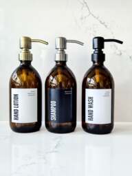 Personalised Amber Glass/Plastic Soap Dispenser Custom Text Label, Metal Pump - thumbnail 1