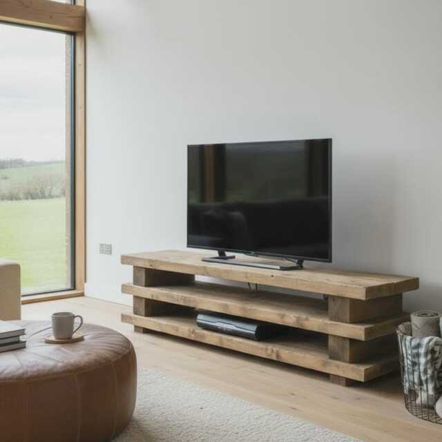 Handmade Solid Wood Tv Unit, Rustic Media Stand With Open Shelves - image 1